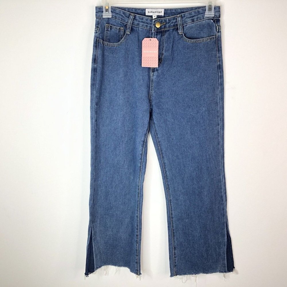 Sugarhigh Womens Denim Jeans Size M Dark Wash Contrast Panel Wide Leg Raw Hem